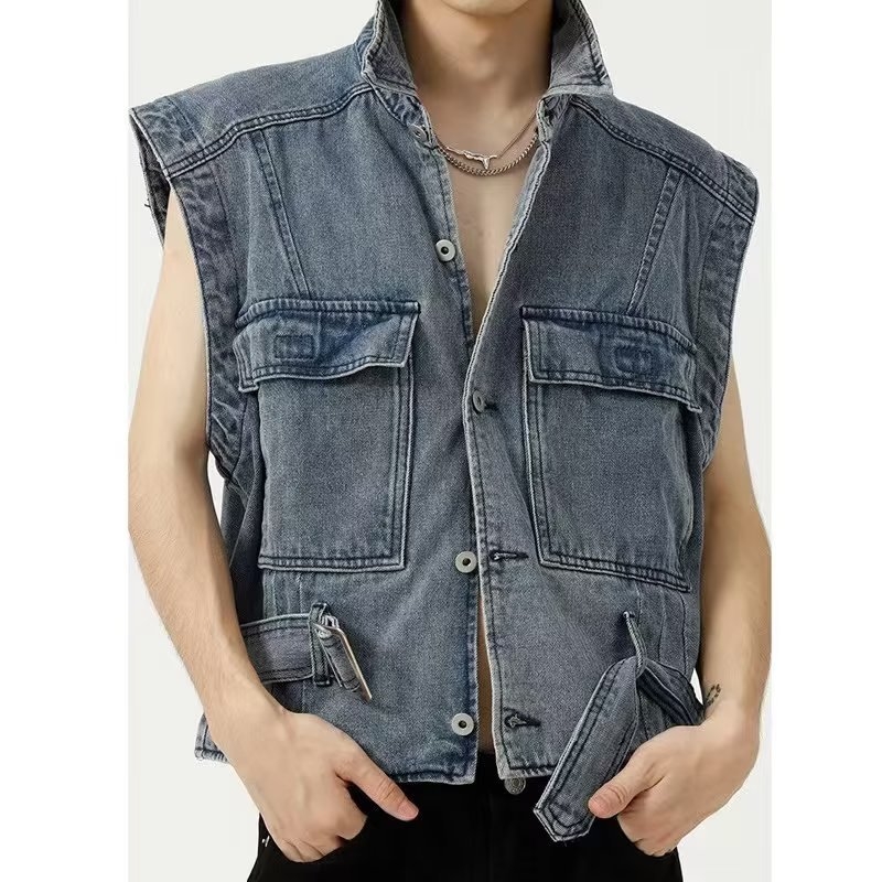 Vesta din denim scurtă, în stil Hong Kong, cu guler, casual de vară