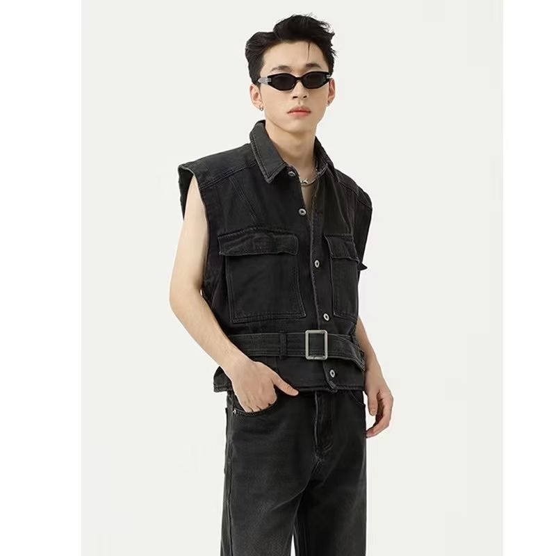 Vesta din denim scurtă, în stil Hong Kong, cu guler, casual de vară