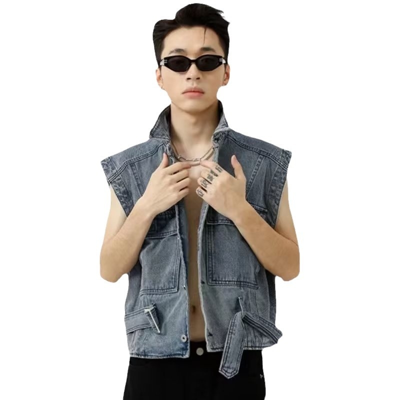 Vesta din denim scurtă, în stil Hong Kong, cu guler, casual de vară