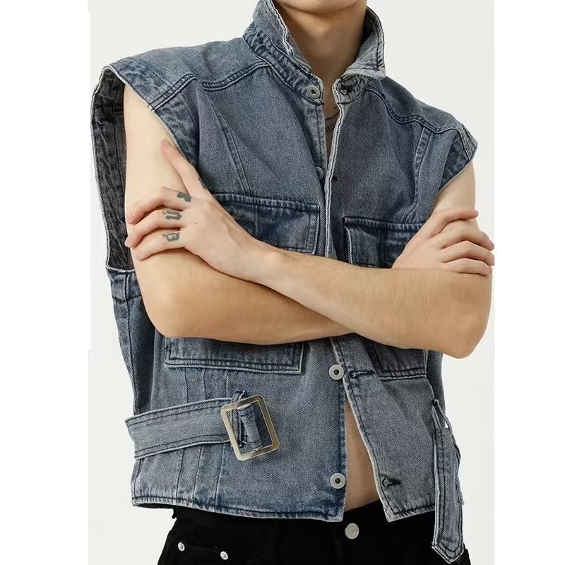 Vesta din denim scurtă, în stil Hong Kong, cu guler, casual de vară