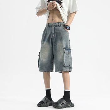 Șort denim cargo pentru bărbați, cu buzunare mari cu clapă, ușori, croială dreaptă lejeră, lungime medie, vară.