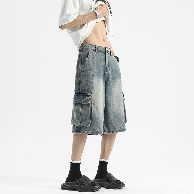 Șort denim cargo pentru bărbați, cu buzunare mari cu clapă, ușori, croială dreaptă lejeră, lungime medie, vară.
