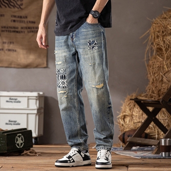 Jeansi din denim pentru bărbați, stil retro american, cu rupturi și patch-uri, design modern, croială dreaptă relaxată pentru primăvară-vară