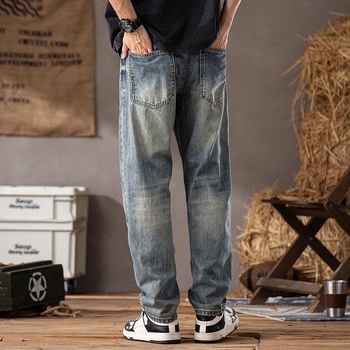 Jeansi din denim pentru bărbați, stil retro american, cu rupturi și patch-uri, design modern, croială dreaptă relaxată pentru primăvară-vară
