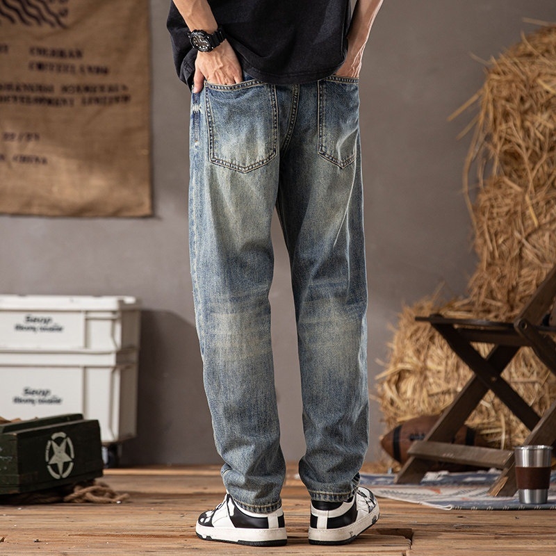 Jeansi din denim pentru bărbați, stil retro american, cu rupturi și patch-uri, design modern, croială dreaptă relaxată pentru primăvară-vară
