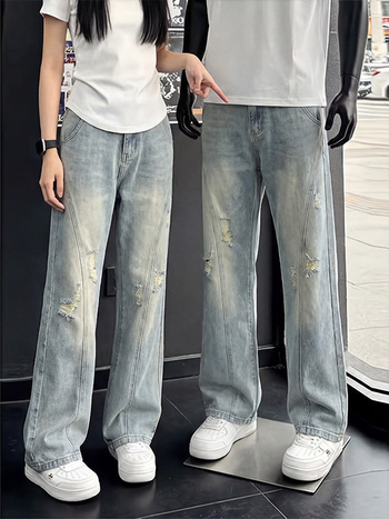 Jeans albastru vintage pentru bărbați, cu tăieturi diagonale și rupturi, design de vară, vibrație urbană, croială drept-slim cu ușoară evazare