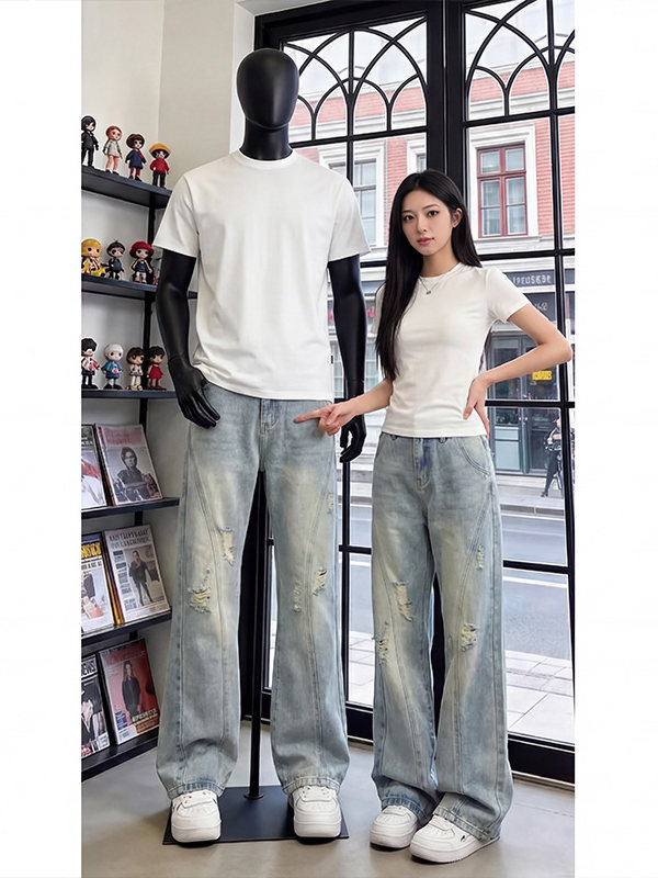 Jeans albastru vintage pentru bărbați, cu tăieturi diagonale și rupturi, design de vară, vibrație urbană, croială drept-slim cu ușoară evazare