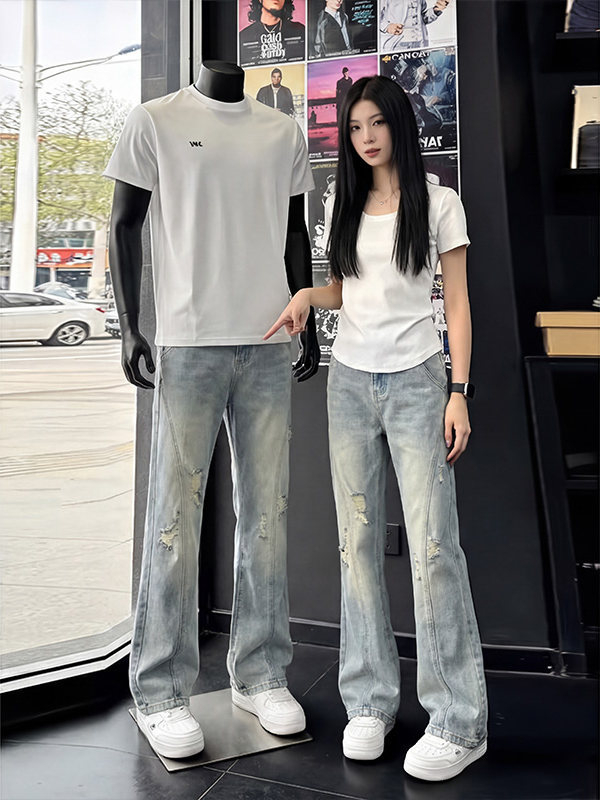 Jeans albastru vintage pentru bărbați, cu tăieturi diagonale și rupturi, design de vară, vibrație urbană, croială drept-slim cu ușoară evazare