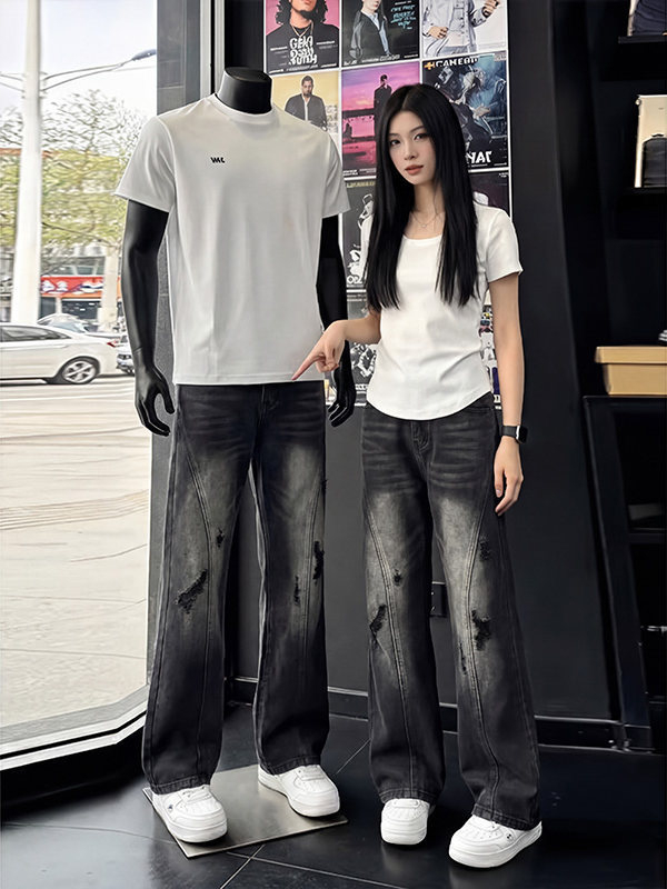 Jeans albastru vintage pentru bărbați, cu tăieturi diagonale și rupturi, design de vară, vibrație urbană, croială drept-slim cu ușoară evazare