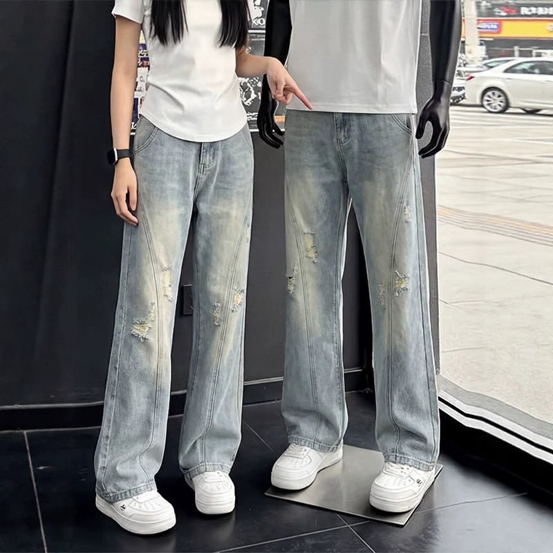 Jeans albastru vintage pentru bărbați, cu tăieturi diagonale și rupturi, design de vară, vibrație urbană, croială drept-slim cu ușoară evazare