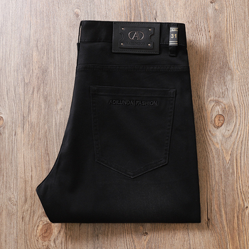 Blugi negri pentru bărbați, talie medie, ușori, elastici, stil casual-business, croială slim straight
