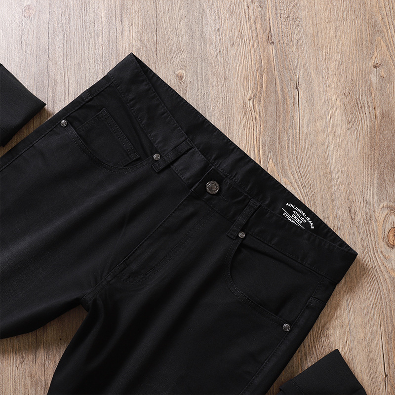 Blugi negri pentru bărbați, talie medie, ușori, elastici, stil casual-business, croială slim straight