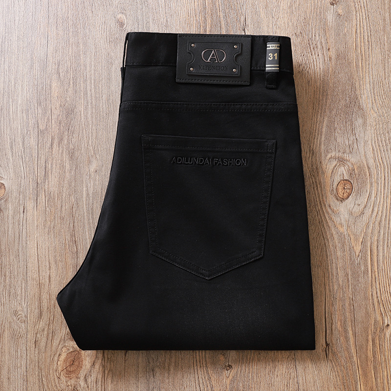 Blugi negri pentru bărbați, talie medie, ușori, elastici, stil casual-business, croială slim straight