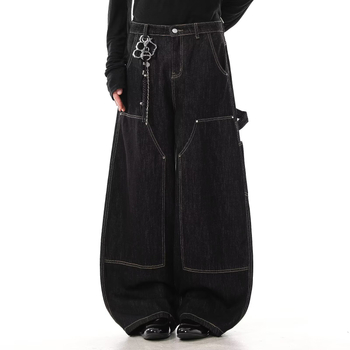 Jeanși bărbătești drepti, denim negru, cu nituri metalice, croială lejeră, casual pentru primăvară și toamnă