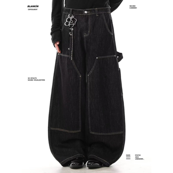 Jeanși bărbătești drepti, denim negru, cu nituri metalice, croială lejeră, casual pentru primăvară și toamnă