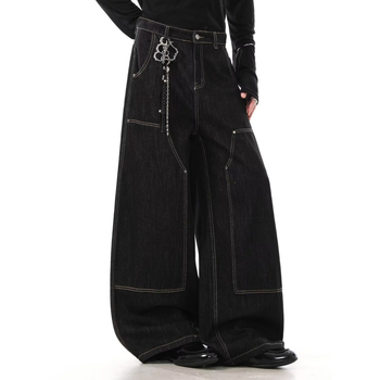 Jeanși bărbătești drepti, denim negru, cu nituri metalice, croială lejeră, casual pentru primăvară și toamnă