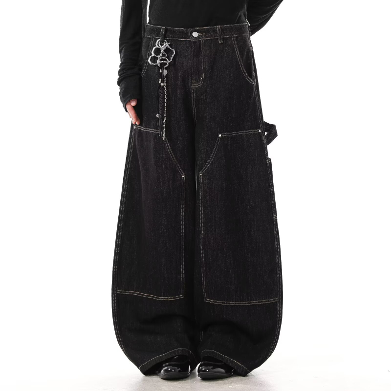 Jeanși bărbătești drepti, denim negru, cu nituri metalice, croială lejeră, casual pentru primăvară și toamnă
