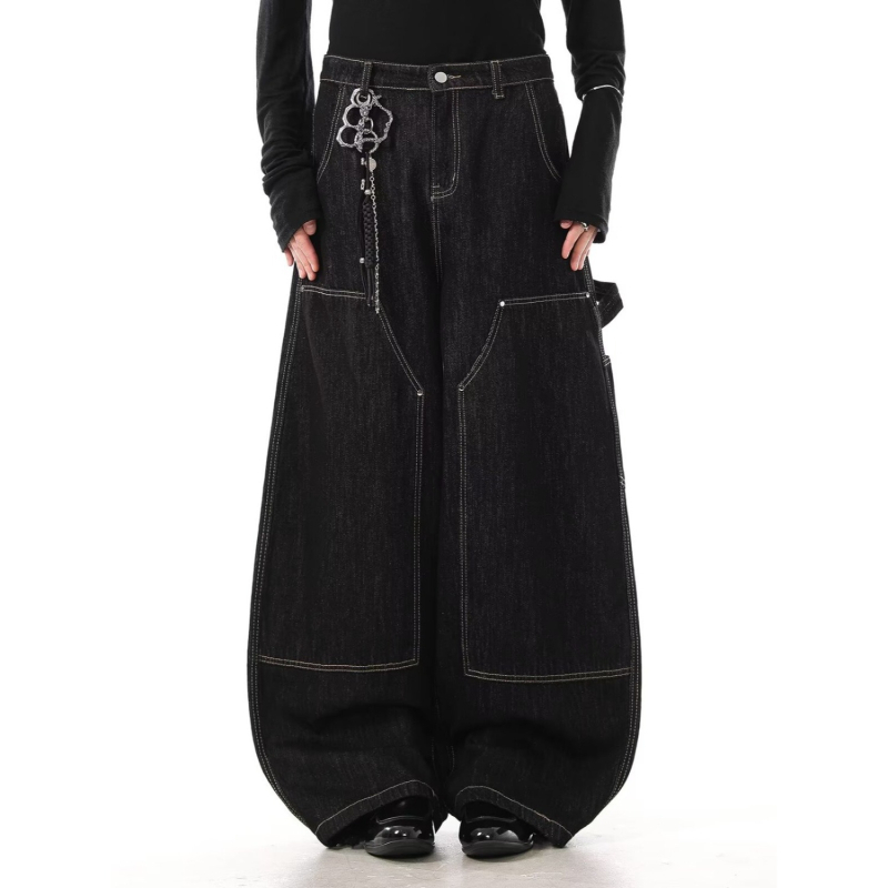 Jeanși bărbătești drepti, denim negru, cu nituri metalice, croială lejeră, casual pentru primăvară și toamnă