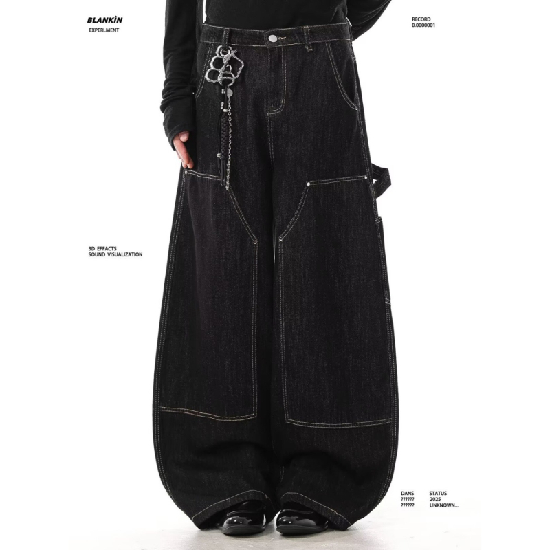 Jeanși bărbătești drepti, denim negru, cu nituri metalice, croială lejeră, casual pentru primăvară și toamnă