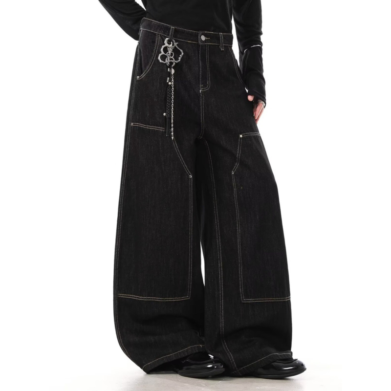 Jeanși bărbătești drepti, denim negru, cu nituri metalice, croială lejeră, casual pentru primăvară și toamnă