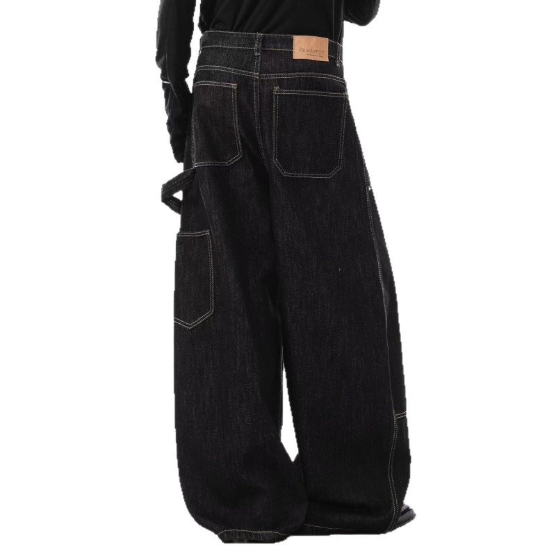 Jeanși bărbătești drepti, denim negru, cu nituri metalice, croială lejeră, casual pentru primăvară și toamnă