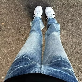 Blugi cu textură crăpată în stil american vintage, detaliu cu fulger, croială lejeră, drept, spălat