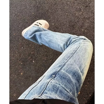 Blugi cu textură crăpată în stil american vintage, detaliu cu fulger, croială lejeră, drept, spălat
