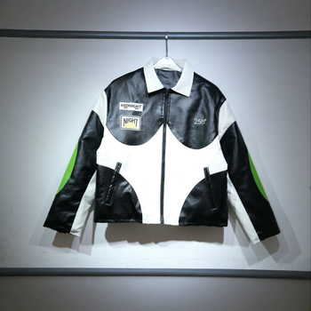 Geacă din PU piele pentru motociclete, stil american retro, print cu cruce, guler înalt, streetwear în culori bloc
