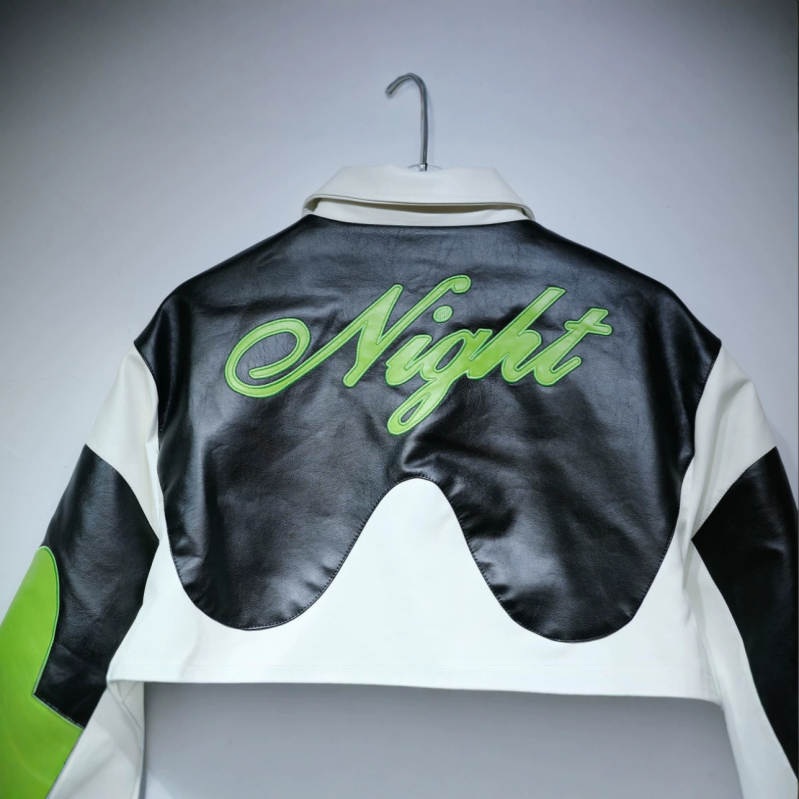Geacă din PU piele pentru motociclete, stil american retro, print cu cruce, guler înalt, streetwear în culori bloc