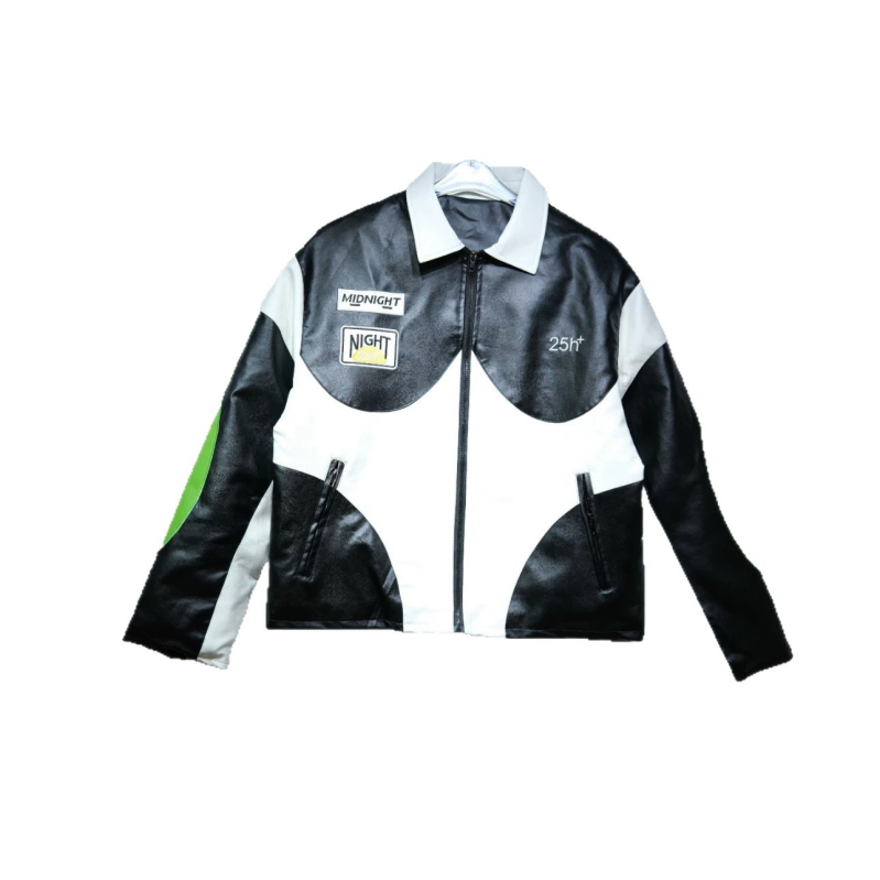 Geacă din PU piele pentru motociclete, stil american retro, print cu cruce, guler înalt, streetwear în culori bloc