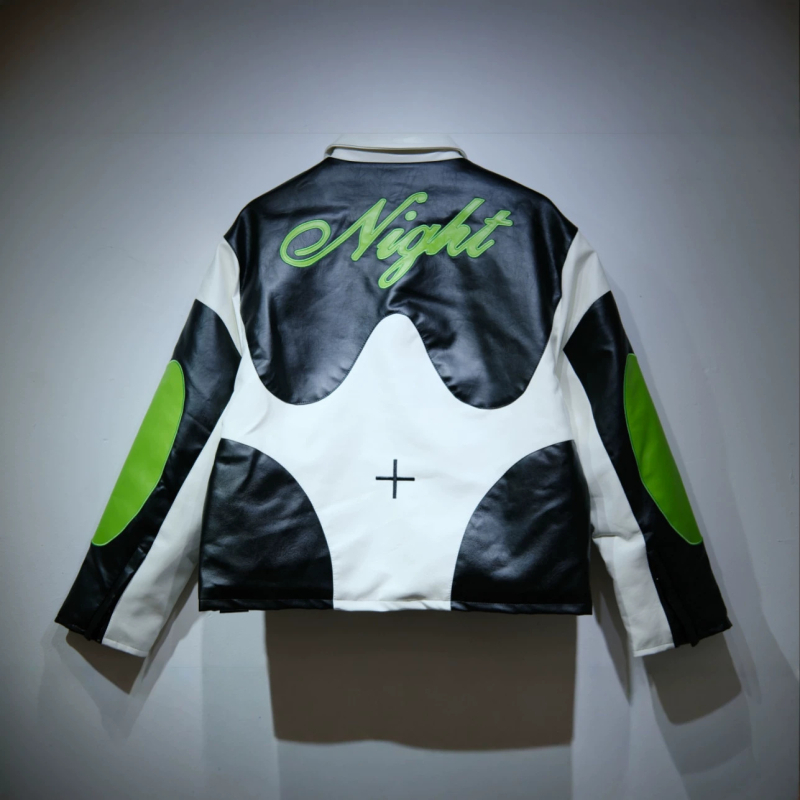Geacă din PU piele pentru motociclete, stil american retro, print cu cruce, guler înalt, streetwear în culori bloc