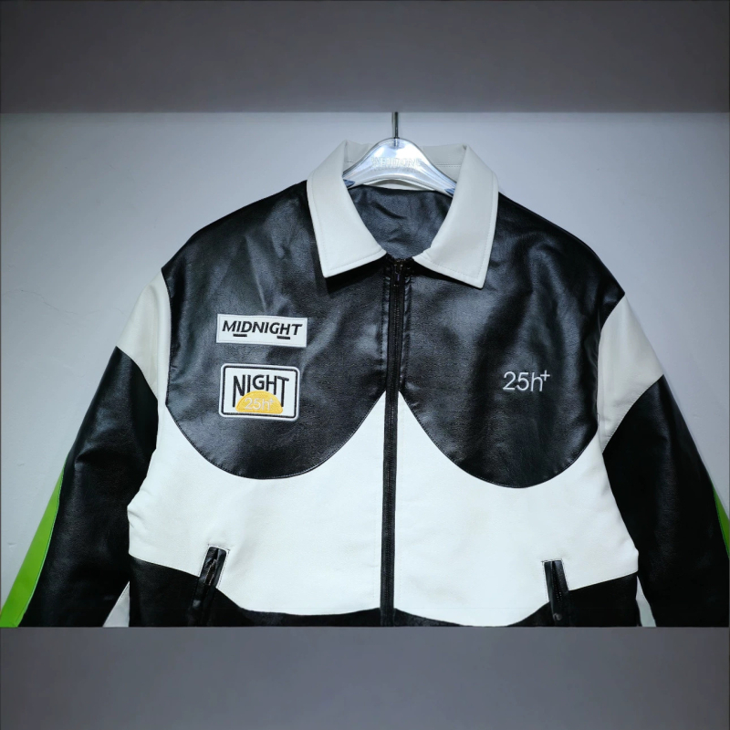 Geacă din PU piele pentru motociclete, stil american retro, print cu cruce, guler înalt, streetwear în culori bloc