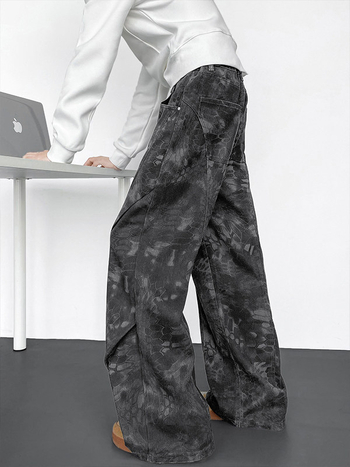 Jean din denim cu plisuri și croială largă pentru bărbați, stil american de stradă, pantaloni cargo de vară cu detalii curbate inspirate de paraștiști, croială dreaptă lungă