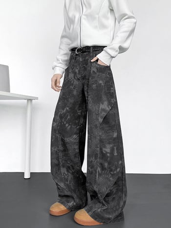 Jean din denim cu plisuri și croială largă pentru bărbați, stil american de stradă, pantaloni cargo de vară cu detalii curbate inspirate de paraștiști, croială dreaptă lungă