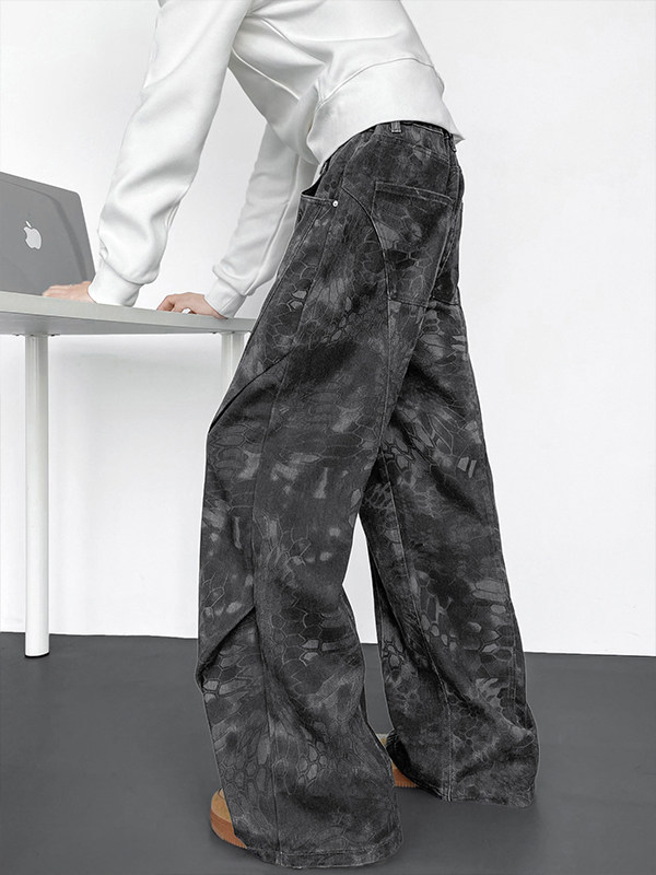 Jean din denim cu plisuri și croială largă pentru bărbați, stil american de stradă, pantaloni cargo de vară cu detalii curbate inspirate de paraștiști, croială dreaptă lungă
