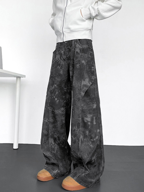 Jean din denim cu plisuri și croială largă pentru bărbați, stil american de stradă, pantaloni cargo de vară cu detalii curbate inspirate de paraștiști, croială dreaptă lungă