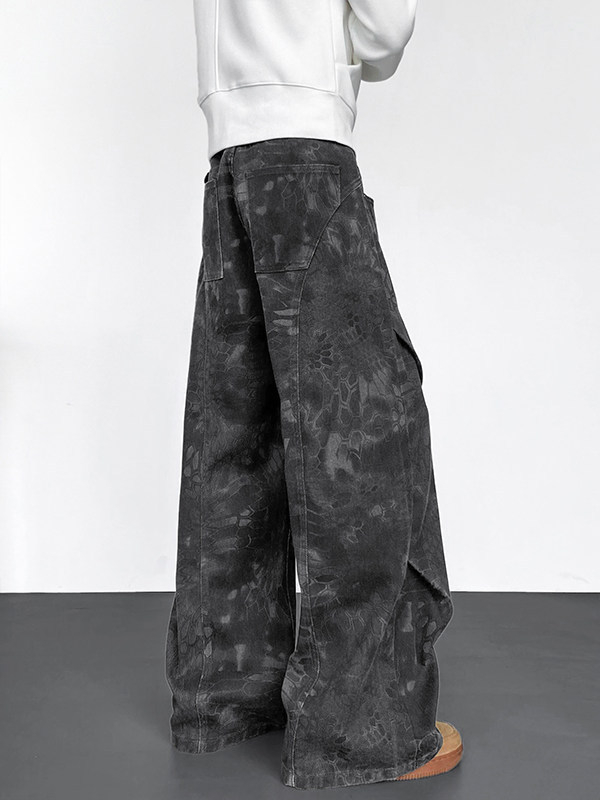 Jean din denim cu plisuri și croială largă pentru bărbați, stil american de stradă, pantaloni cargo de vară cu detalii curbate inspirate de paraștiști, croială dreaptă lungă