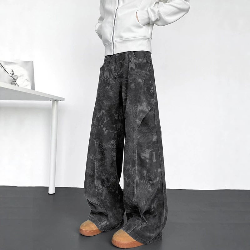 Jean din denim cu plisuri și croială largă pentru bărbați, stil american de stradă, pantaloni cargo de vară cu detalii curbate inspirate de paraștiști, croială dreaptă lungă