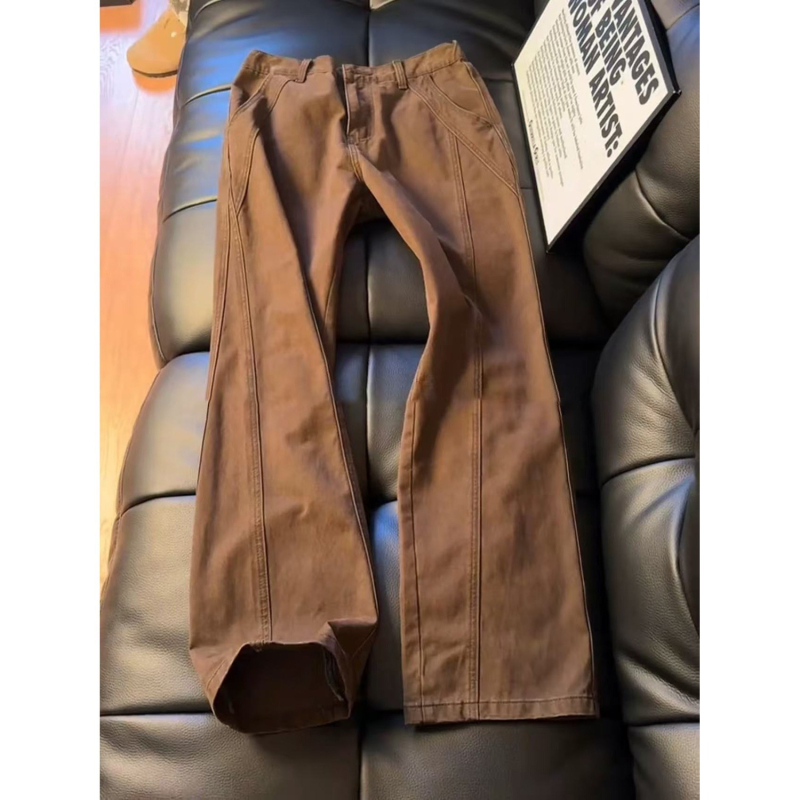 Blugi bărbătește cu căptușeală din fleece, culoare cafea, tăietură diagonală, stil streetwear american retro, croială dreaptă cu ușoară evazare