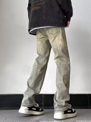 Blugi din denim galben-mud pentru bărbați – primăvară-toamnă, croială dreaptă, spălați, croială lejeră, stil stradal american inspirat