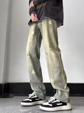 Blugi din denim galben-mud pentru bărbați – primăvară-toamnă, croială dreaptă, spălați, croială lejeră, stil stradal american inspirat