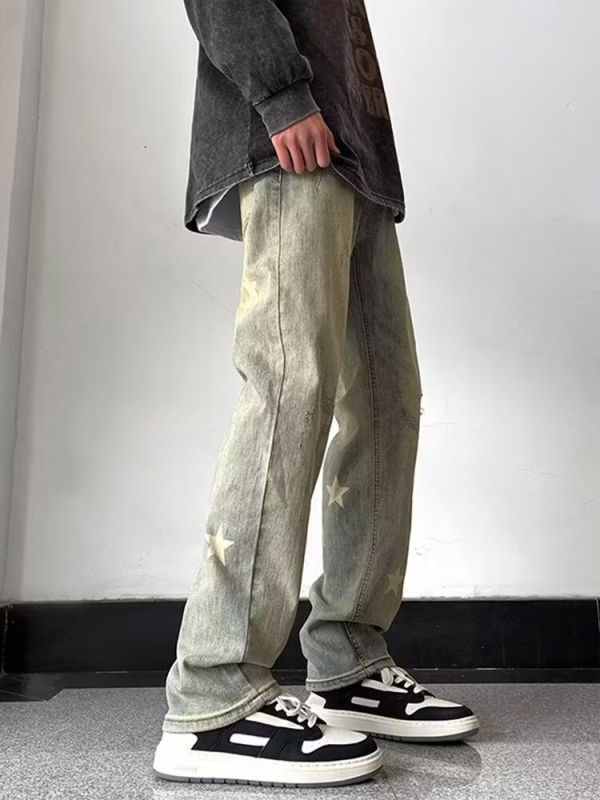 Blugi din denim galben-mud pentru bărbați – primăvară-toamnă, croială dreaptă, spălați, croială lejeră, stil stradal american inspirat