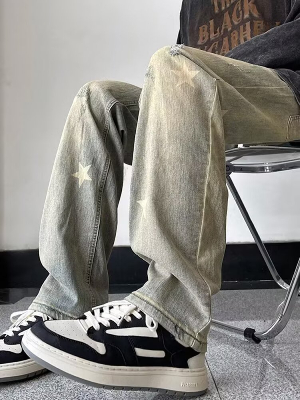 Blugi din denim galben-mud pentru bărbați – primăvară-toamnă, croială dreaptă, spălați, croială lejeră, stil stradal american inspirat