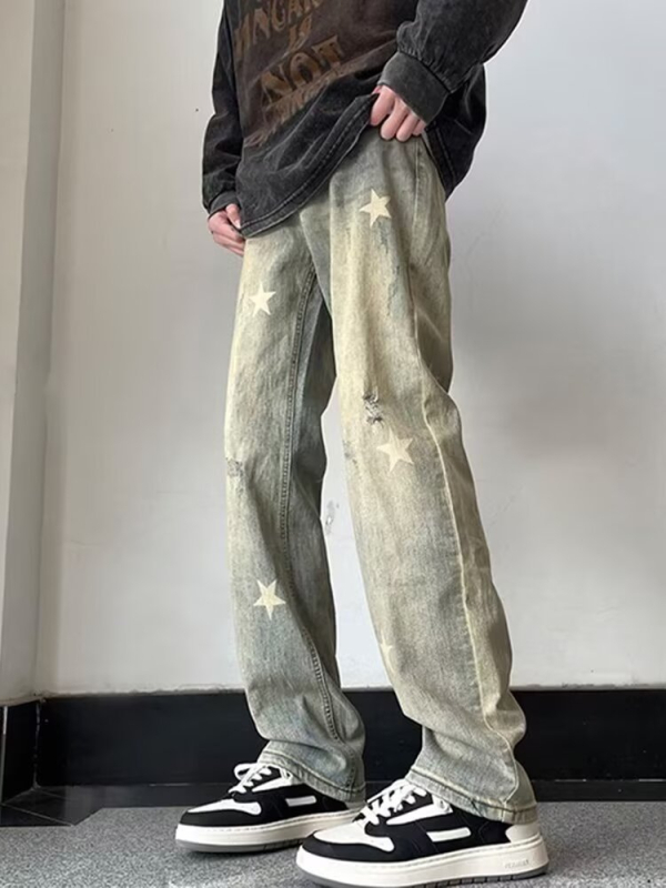 Blugi din denim galben-mud pentru bărbați – primăvară-toamnă, croială dreaptă, spălați, croială lejeră, stil stradal american inspirat