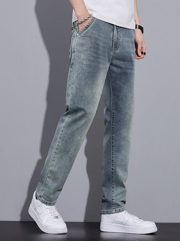 Blugi denim pentru bărbați, croială dreaptă, vară, croială lejeră, stil retro, stretch