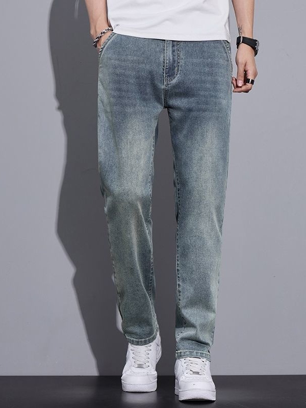 Blugi denim pentru bărbați, croială dreaptă, vară, croială lejeră, stil retro, stretch