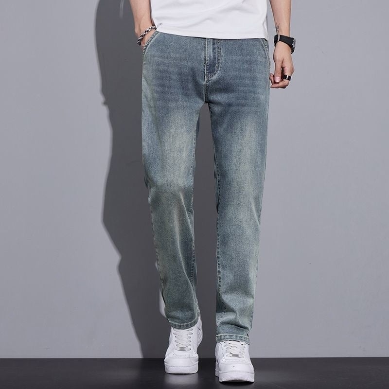 Blugi denim pentru bărbați, croială dreaptă, vară, croială lejeră, stil retro, stretch