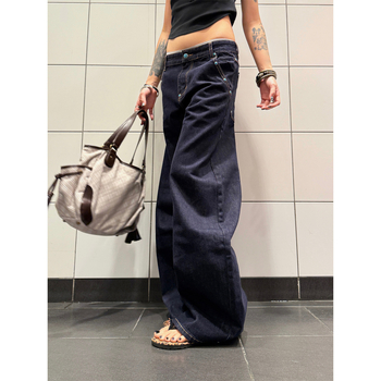 F383 Blugi denim american retro – turcoaz original, croială sabie curbată, unisex, linie A, drepti largi