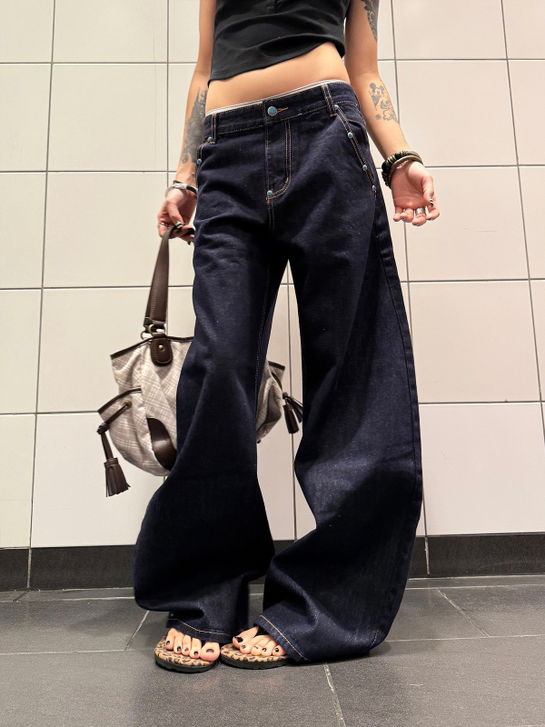 F383 Blugi denim american retro – turcoaz original, croială sabie curbată, unisex, linie A, drepti largi