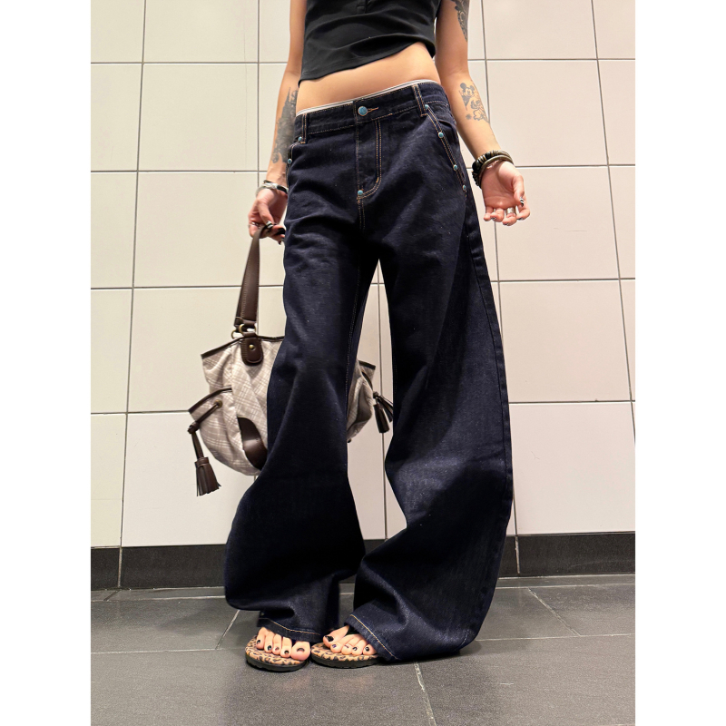 F383 Blugi denim american retro – turcoaz original, croială sabie curbată, unisex, linie A, drepti largi